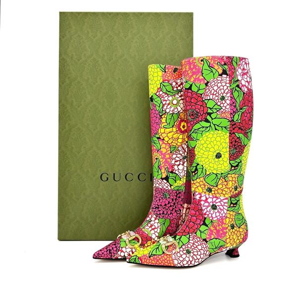 NIB Gucci x Ken Scott Horsebit Pomponica Knee High Floral Kitten Heel Boots 36 - Picture 2 of 9
